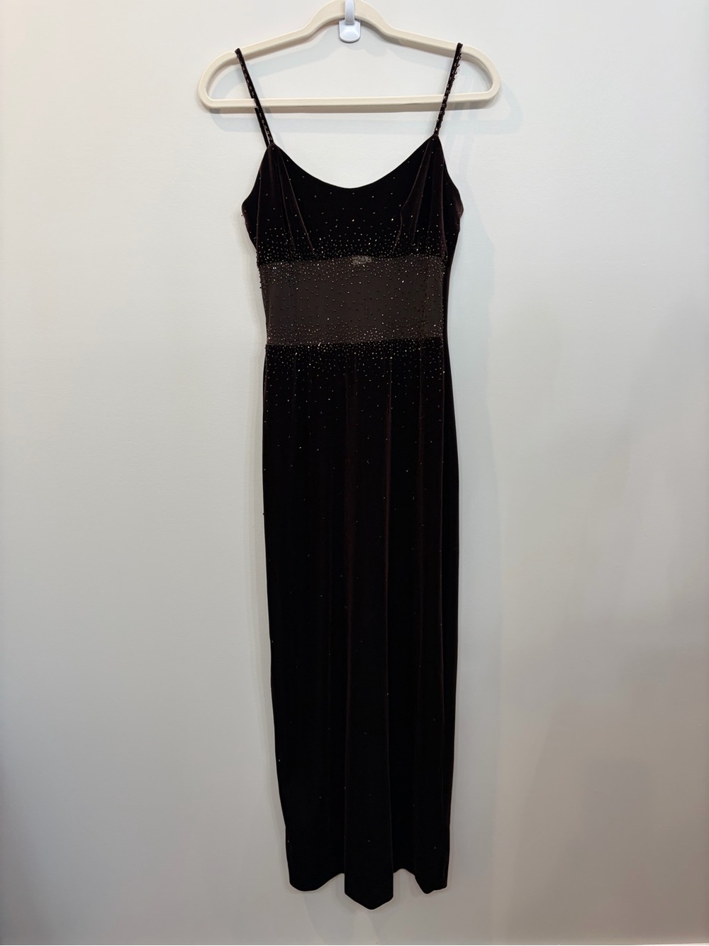 VTG 90s Y2K Cachet Womens Brown Stretch Velvet Beaded Maxi Dress Formal Size 6